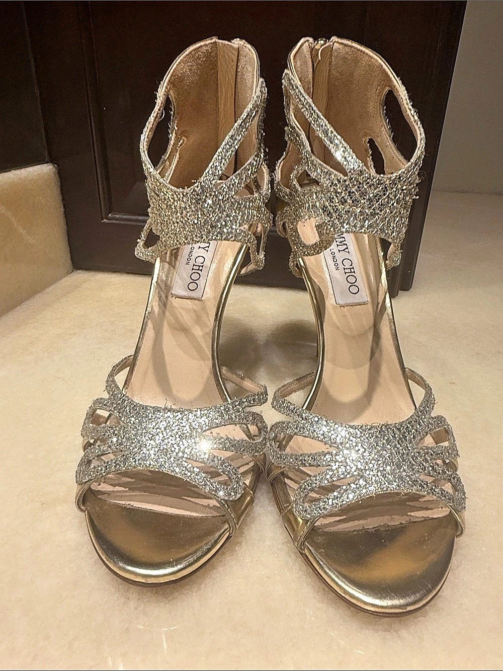 Jimmy Choo Leslie 110 Glitter Sandals Silver & Gold EU 391⁄2